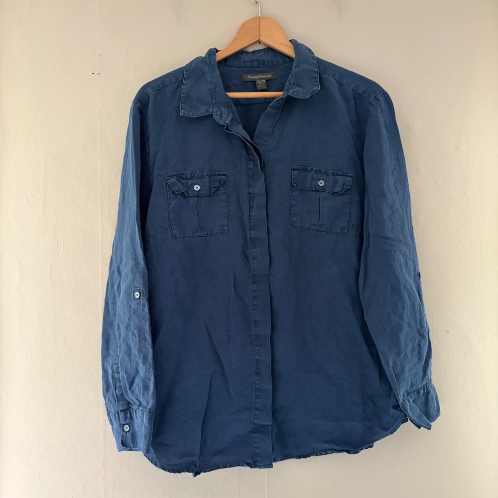 Tommy Bahama Womens Linen Button Up Shirt Size XL Blue Coastal Western Country